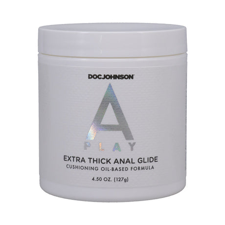 A-Play Extra-Thick Anal Glide Oil-Based Formula 4.5 Oz in a white container, designed for comfort and endurance.