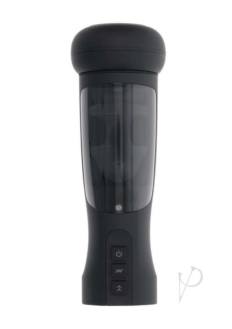 Playboy End Game Warming Stroker with UV Stand Black, featuring controls and a clear sleeve for intense sensations.