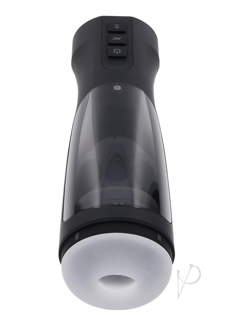 Playboy End Game Warming Stroker with UV Stand Black top view showing controls and textured sleeve.