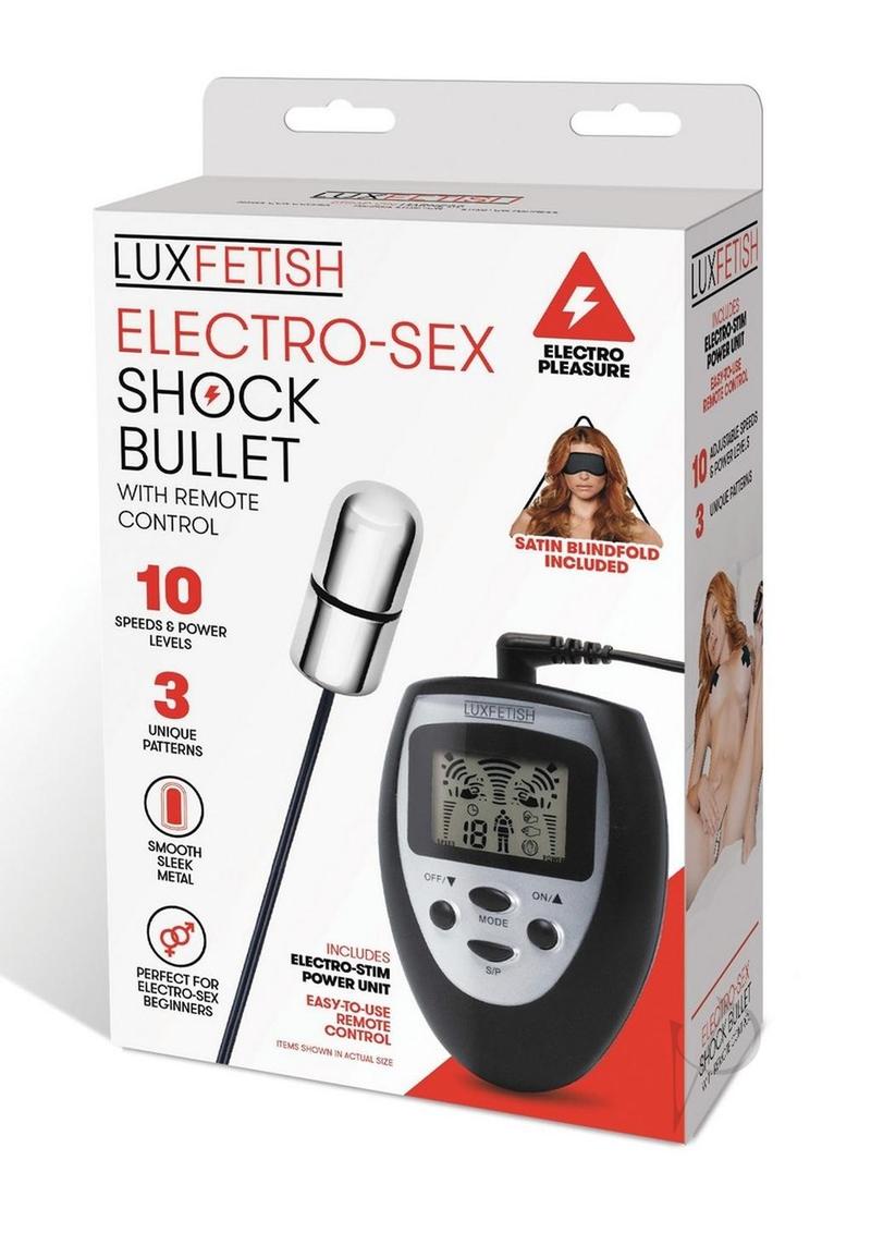 Lux Fetish Electro Shock Bullet Wired Remote Control Black packaging, showcasing remote, bullet, speeds, and patterns.