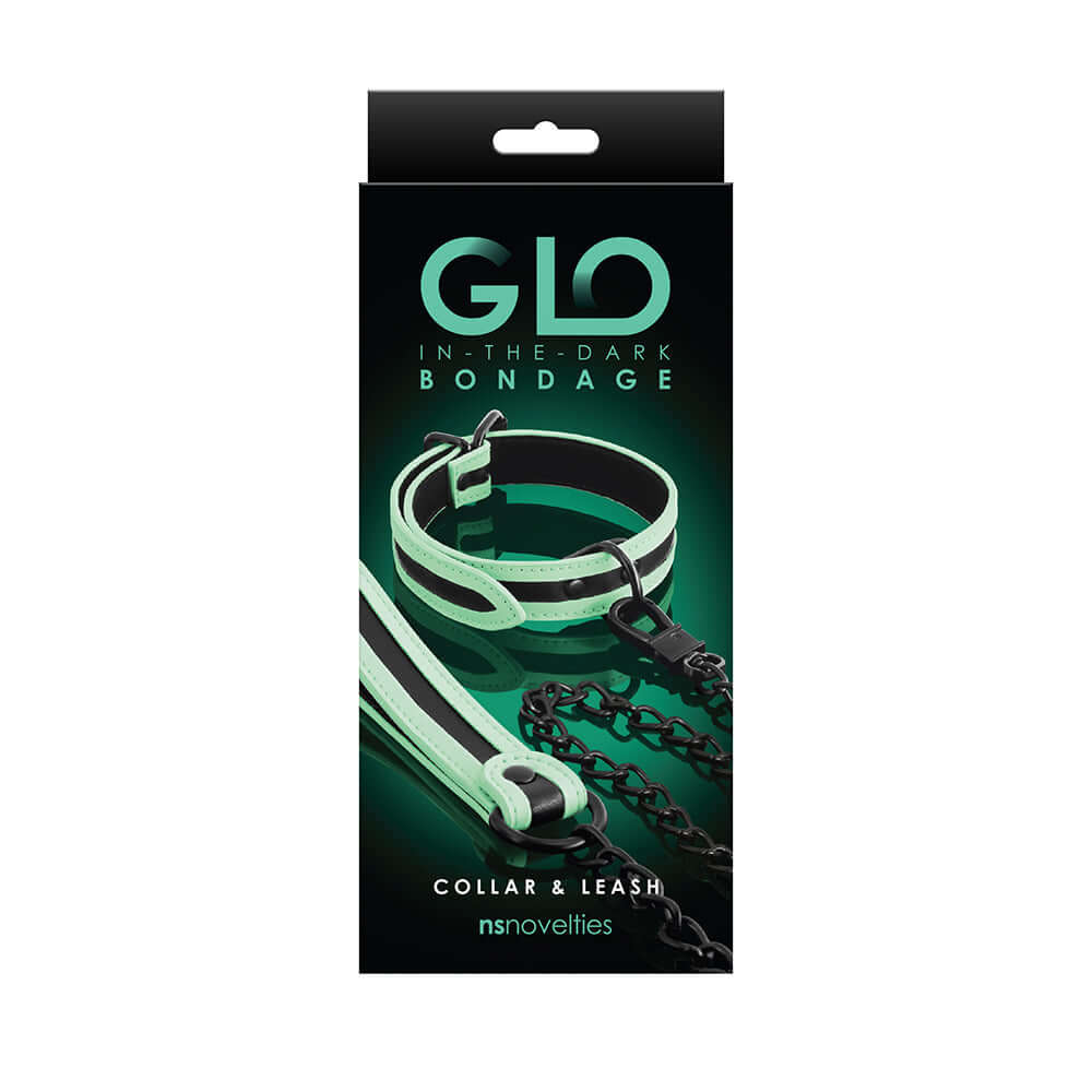 GLO Bondage Collar and Leash Green packaging showcasing glow-in-the-dark design for bondage play.
