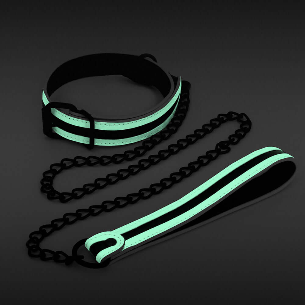 GLO Bondage Collar and Leash Green featuring a glowing collar and chain leash for bondage play.