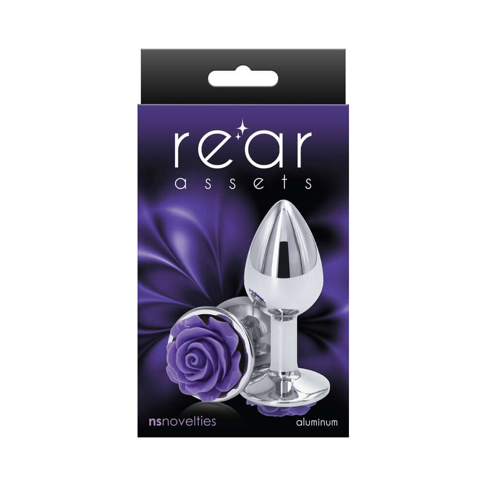 Rear Assets Rose Anal Plug Small Purple in elegant packaging with chrome-plated design and purple rose detail.