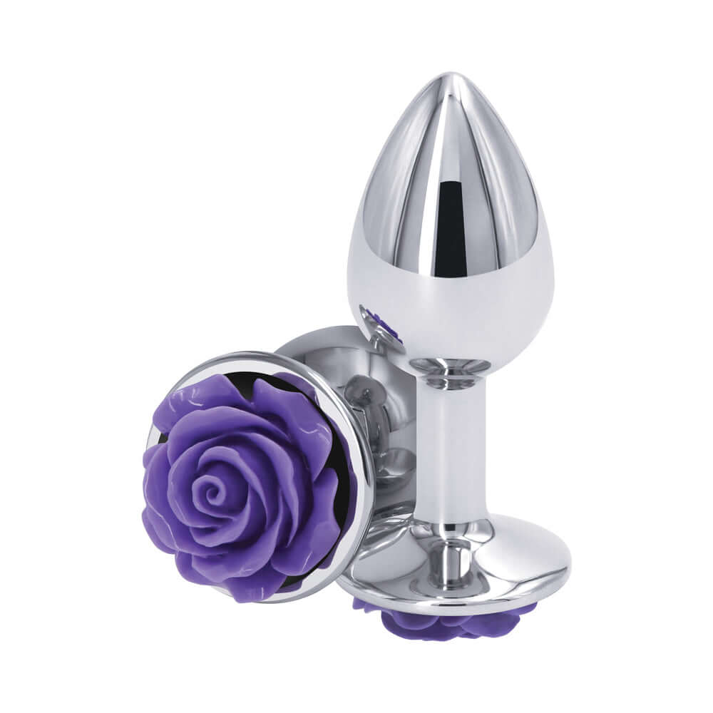 Rear Assets Rose Anal Plug Small Purple with chrome plating and rose design, lightweight and body-safe for sensual pleasure.