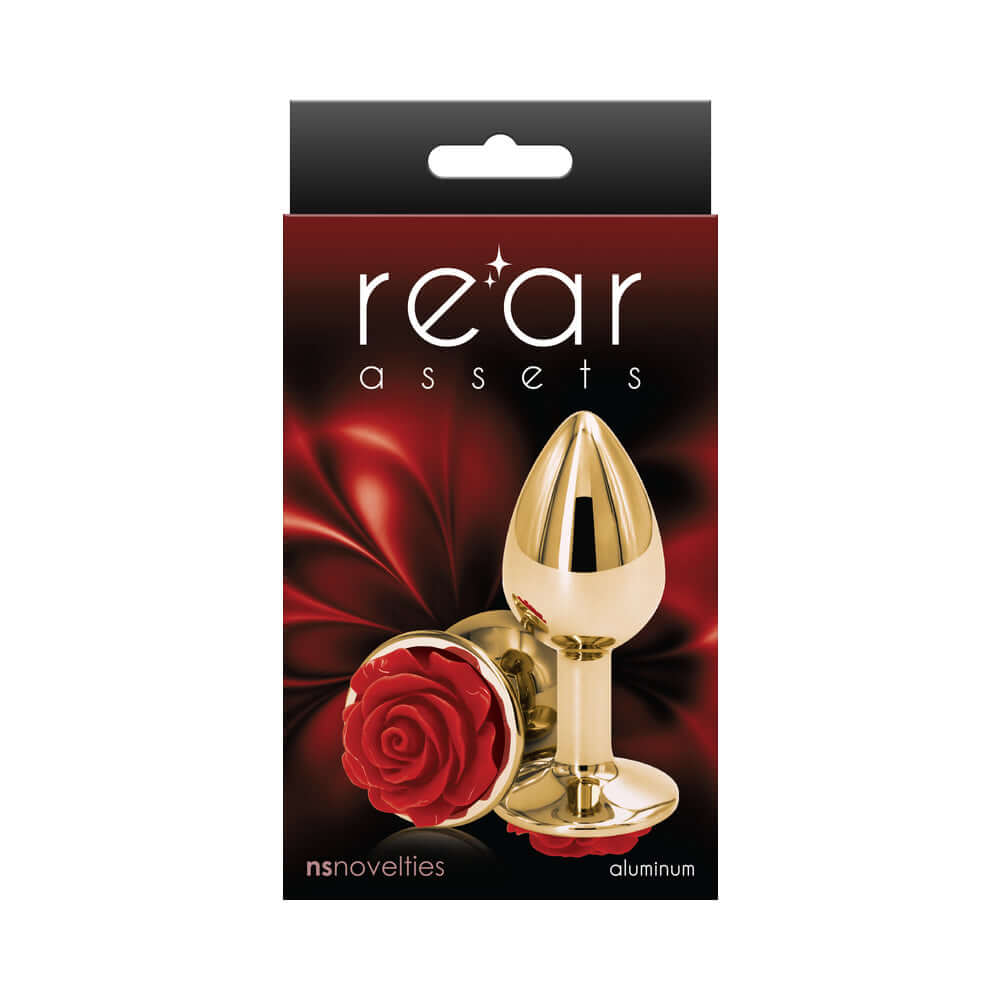 Rear Assets Rose Anal Plug Small Red in elegant packaging showcasing the red rose design and aluminum finish.