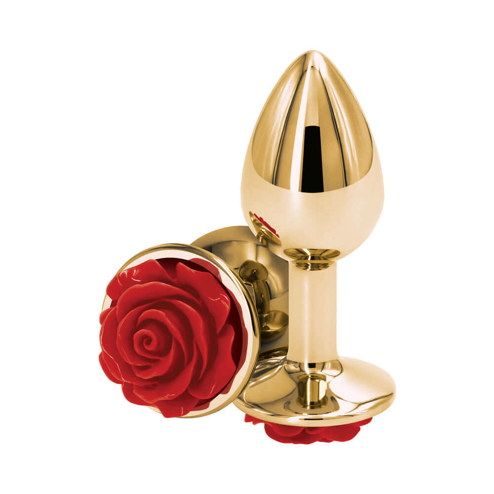 Rear Assets Rose Anal Plug Small Red with a smooth aluminum finish and decorative red rose detail.