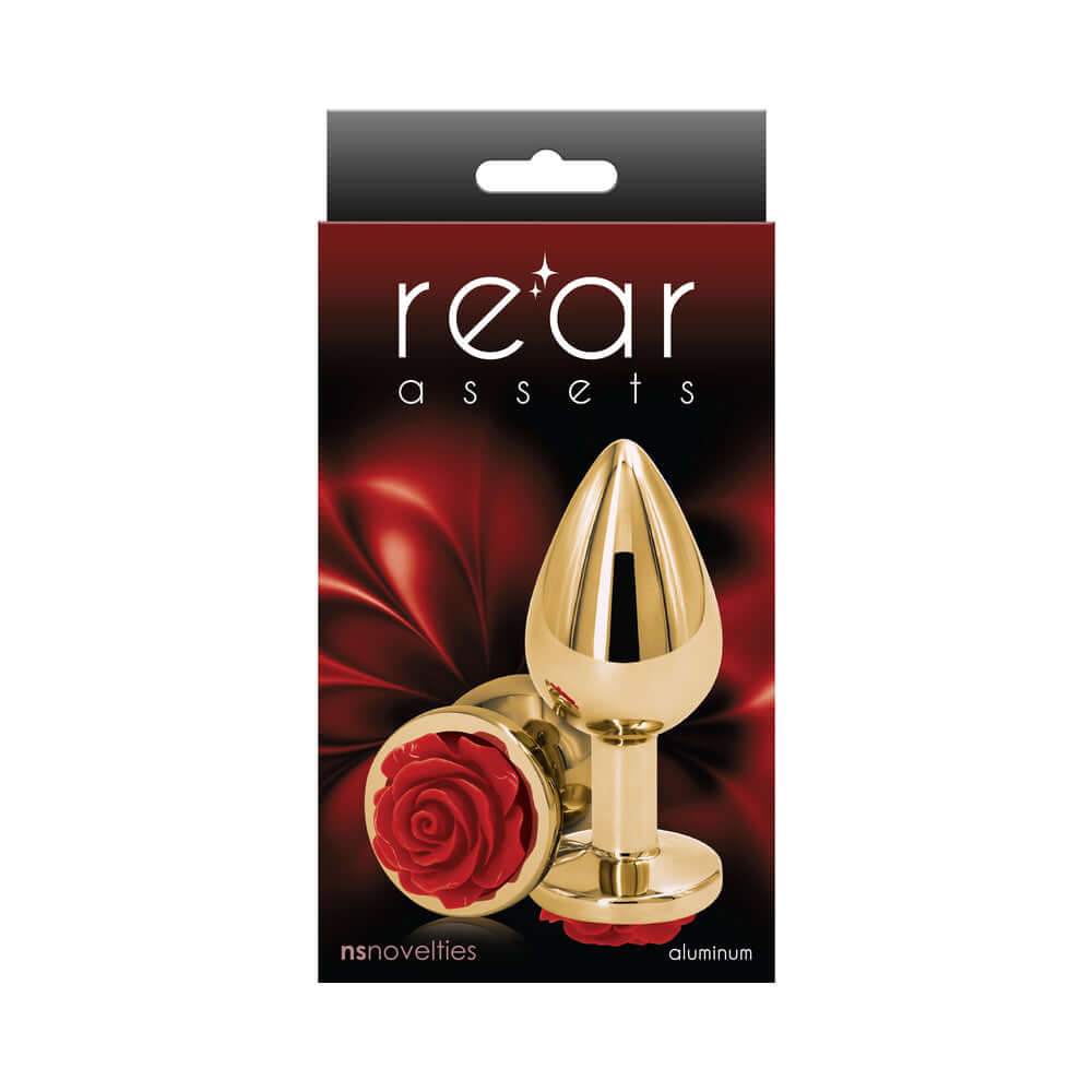 Rear Assets Rose Anal Plug Medium Red in elegant packaging, showcasing polished aluminum with a decorative rose.