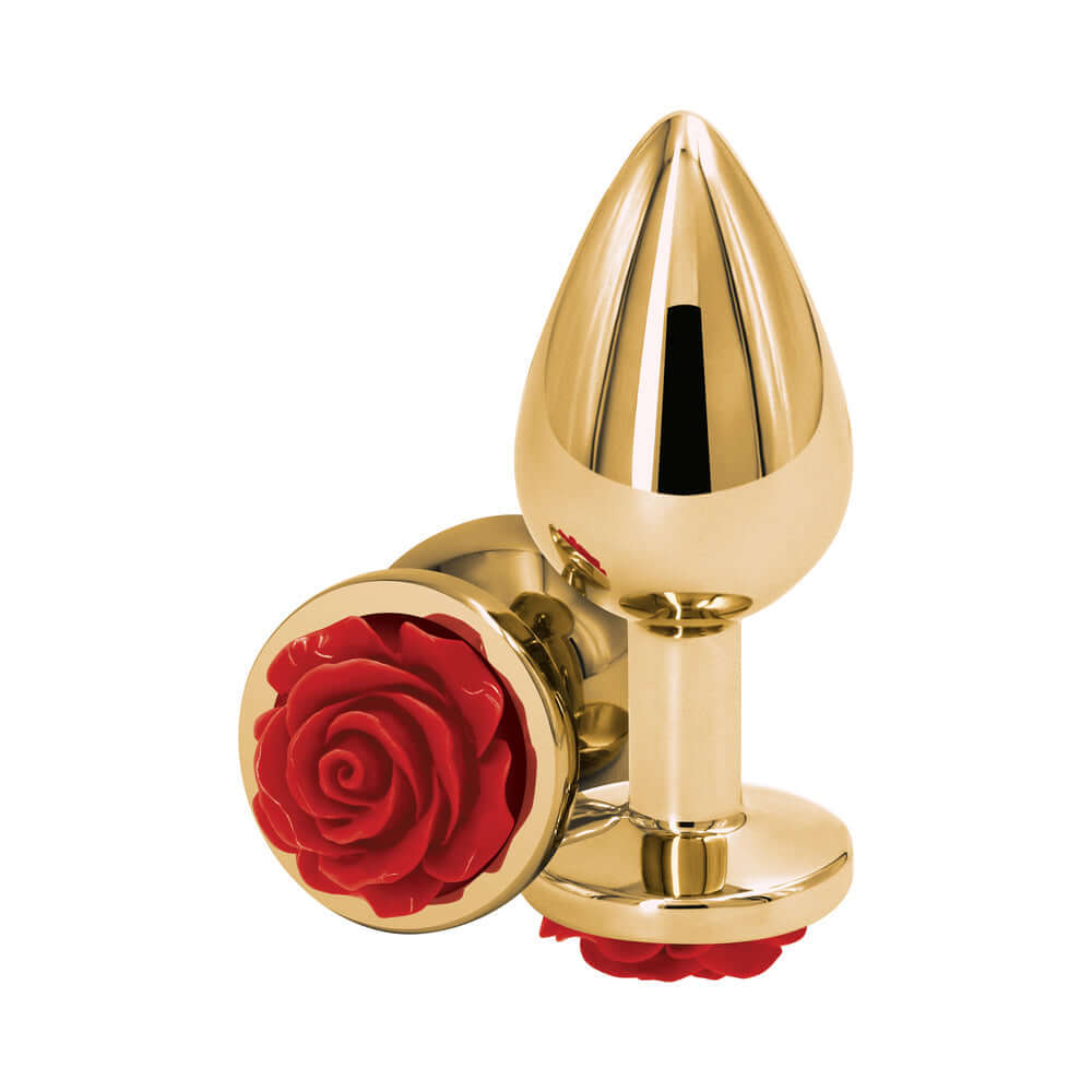 Rear Assets Rose Anal Plug Medium Red featuring polished chrome-plated aluminum and floral rose design.