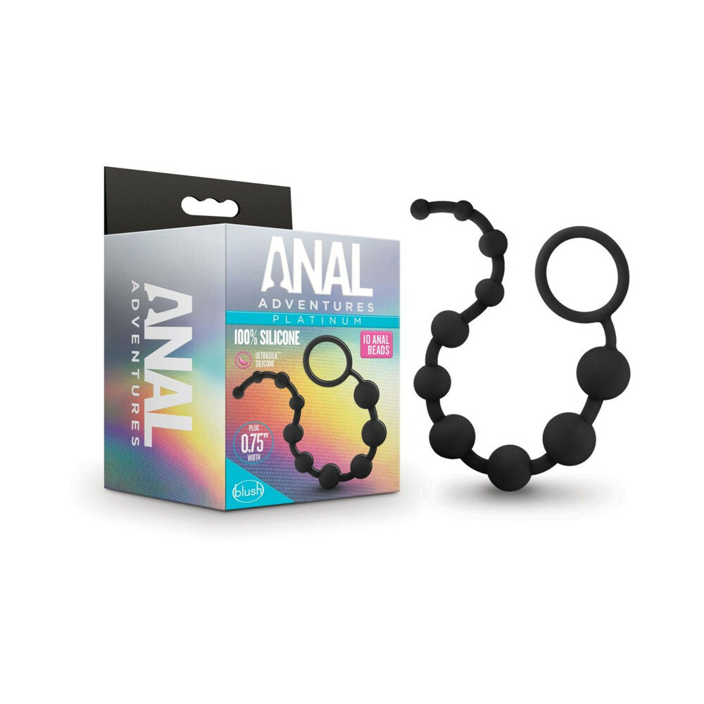 Blush Anal Adventures Platinum Silicone 10 Anal Beads Black packaging with product and logo displayed.