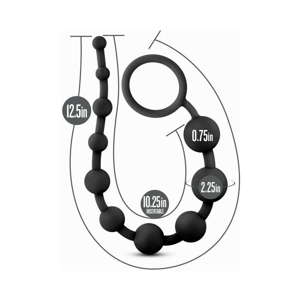 Blush Anal Adventures Platinum Silicone 10 Anal Beads Black size and measurement illustration with dimensions.