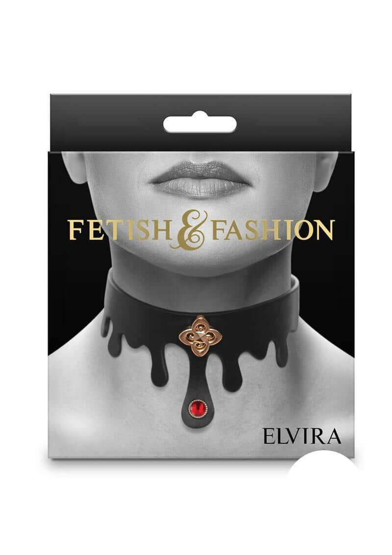 Fetish & Fashion Elvira Collar Black Gold packaging featuring a model's neck with a black collar and ruby gem.