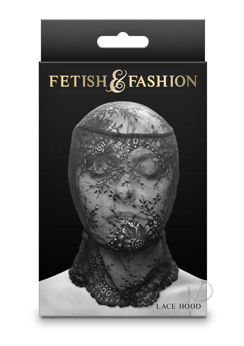Fetish and Fashion Lace Hood Black packaging displaying a sensual lace hood designed for intimate encounters.