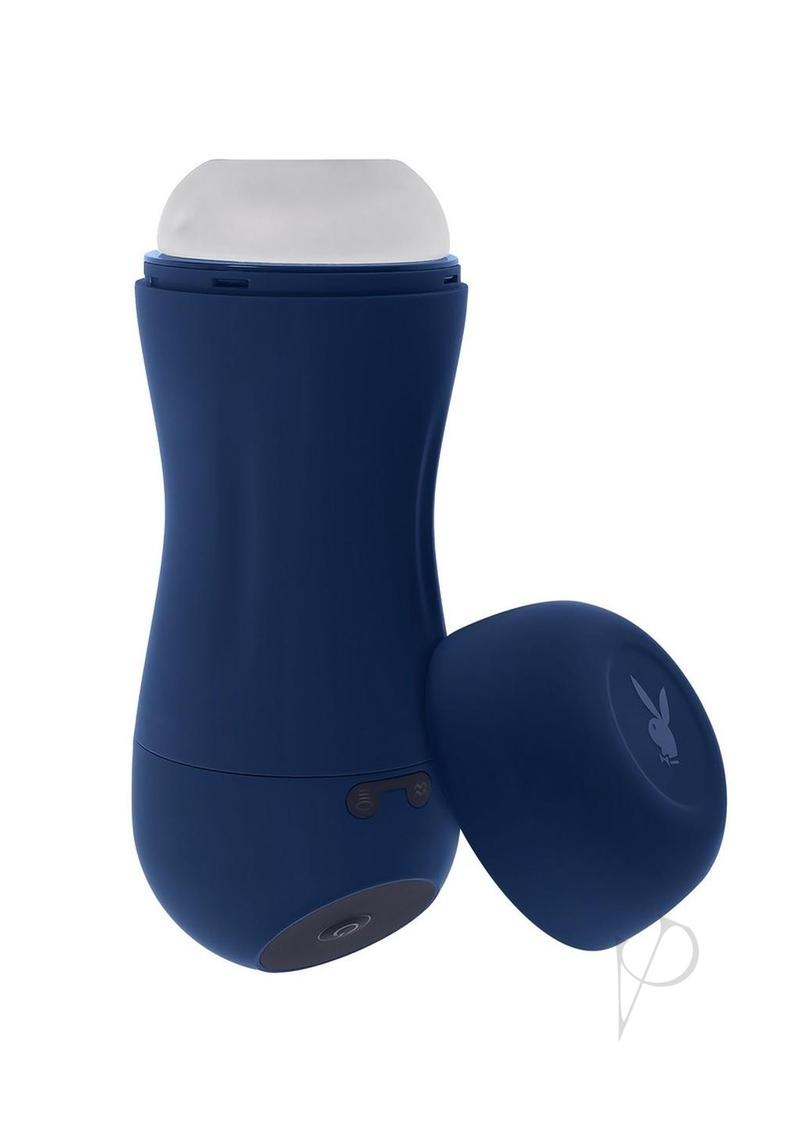 Playboy Gusto Rechargeable Silicone Masturbator Blue device with removable cap and control buttons for optimal pleasure.