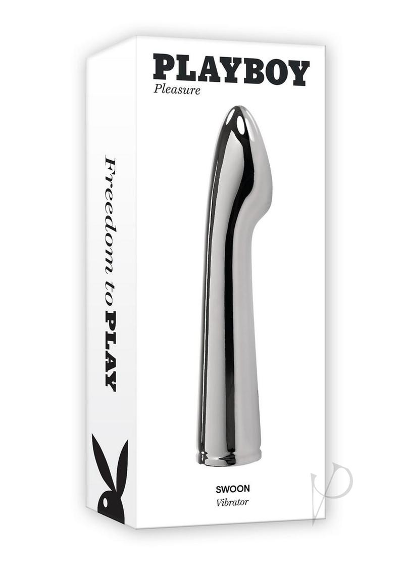 Playboy Swoon Rechargeable Vibrator Silver packaging showcasing sleek design and shiny metal finish.