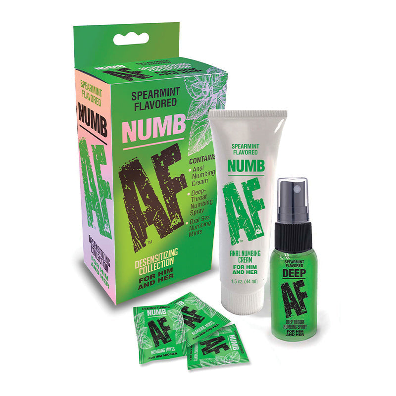 Numb AF Spearmint Flavored Densitizing Collection Kit, including spray, cream, and packets for enhanced comfort.