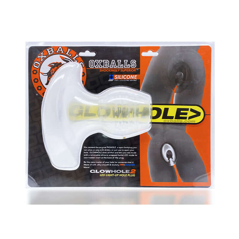 Oxballs Glowhole-2 Butt Plug with LED Insert Large Clear Frost packaging showcasing its unique design and LED feature.