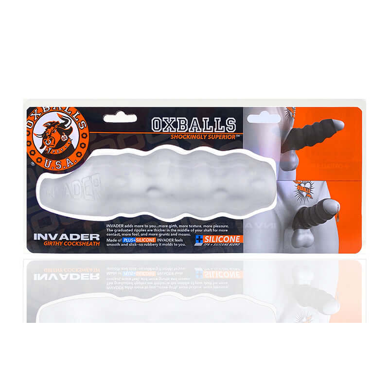 Oxballs Invader Rippled Open-Ended Silicone Cocksheath Extender packaging showcasing its unique design and brand logo.
