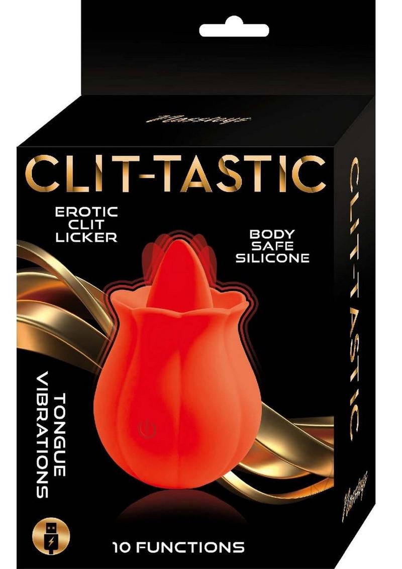 Clit-Tastic Erotic Clit Licker Clitoral Vibrator Red packaging showcasing a rose-shaped design and vibrator features.