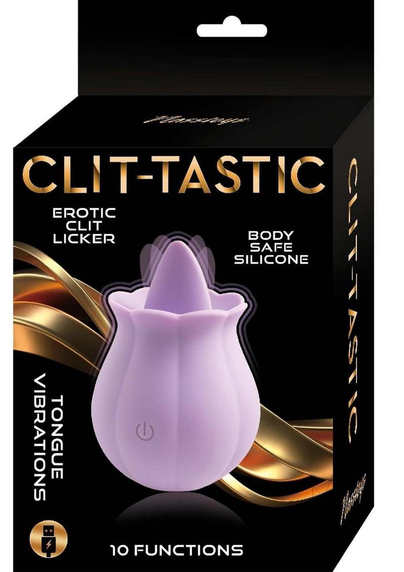 Clit-Tastic Erotic Clit Licker Clitoral Vibrator Lavender rose-shaped stimulator with tongue vibrations.