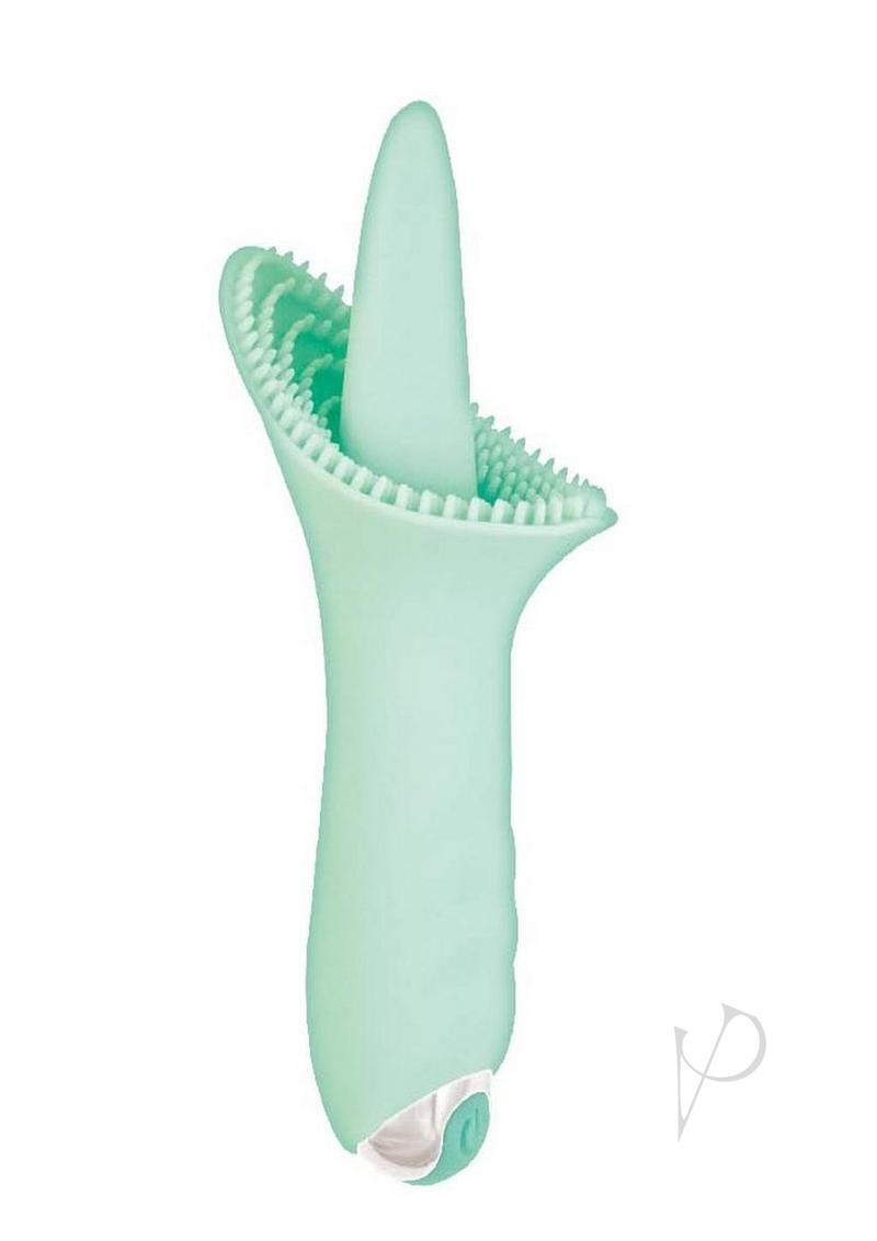 Clit-Tastic Luscious Clit Licker Clitoral Vibrator Aqua with textured tongue-shaped stimulator in aqua color.