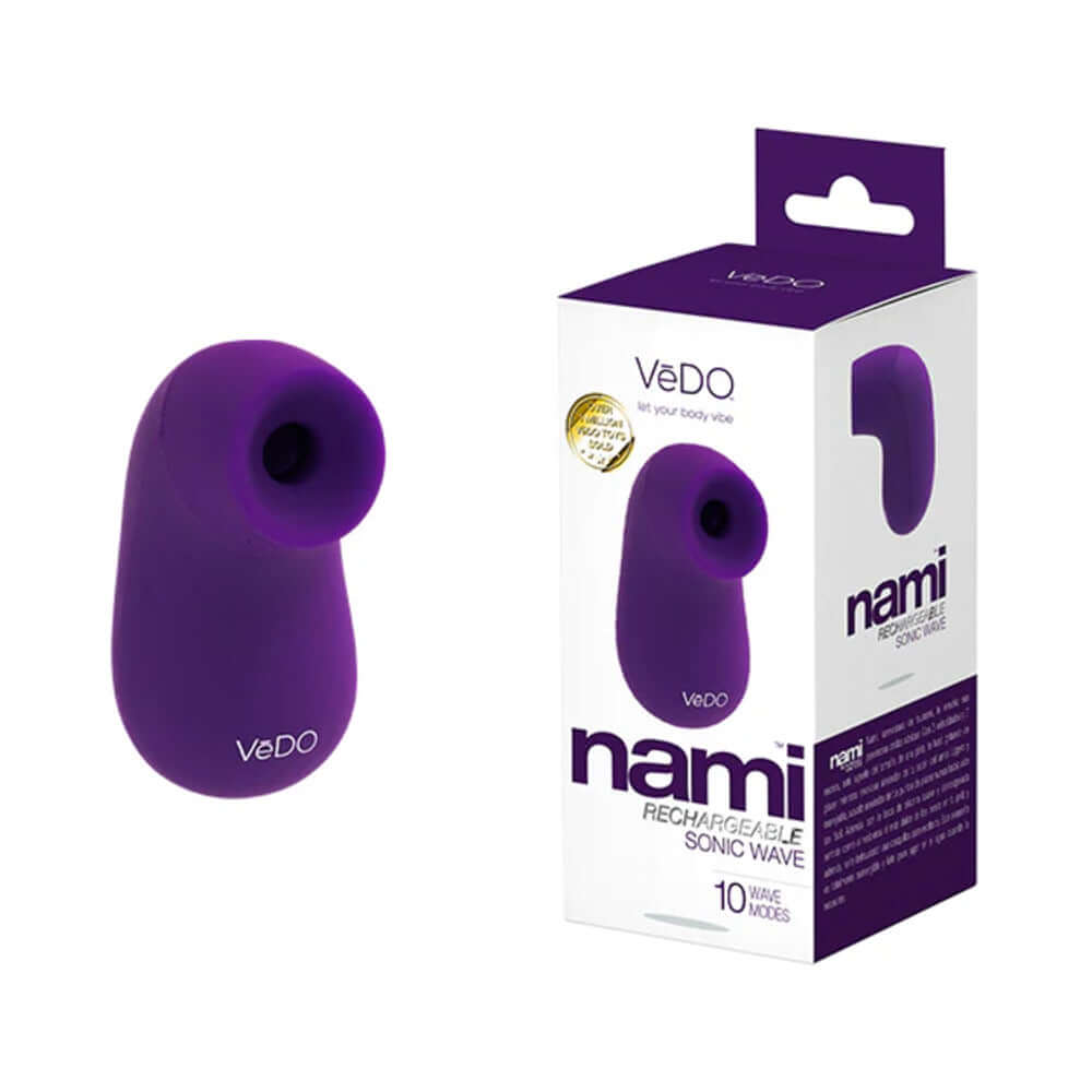VeDO Nami Rechargeable Sonic Vibe Deep Purple clitoral stimulator in packaging with 10 vibration modes.