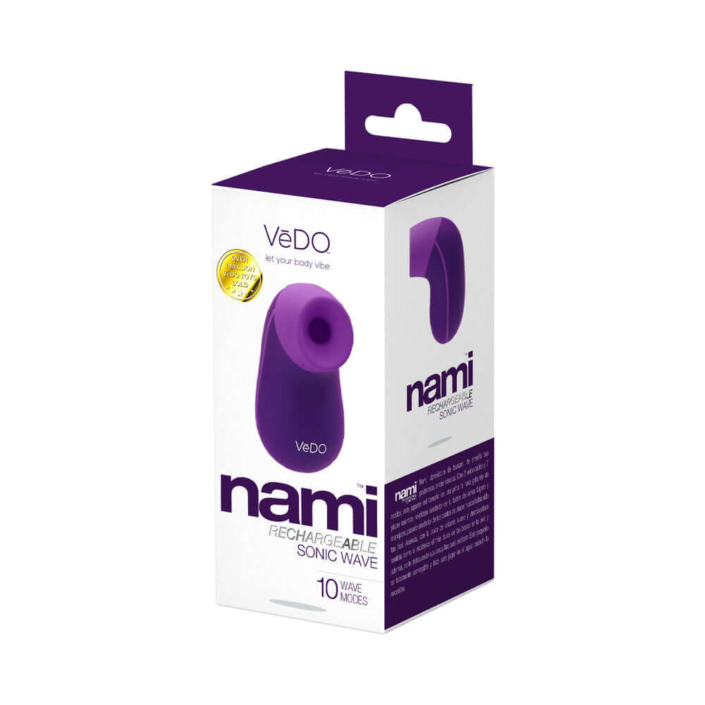 VeDO Nami Rechargeable Sonic Vibe Deep Purple packaging showcasing its features and design.