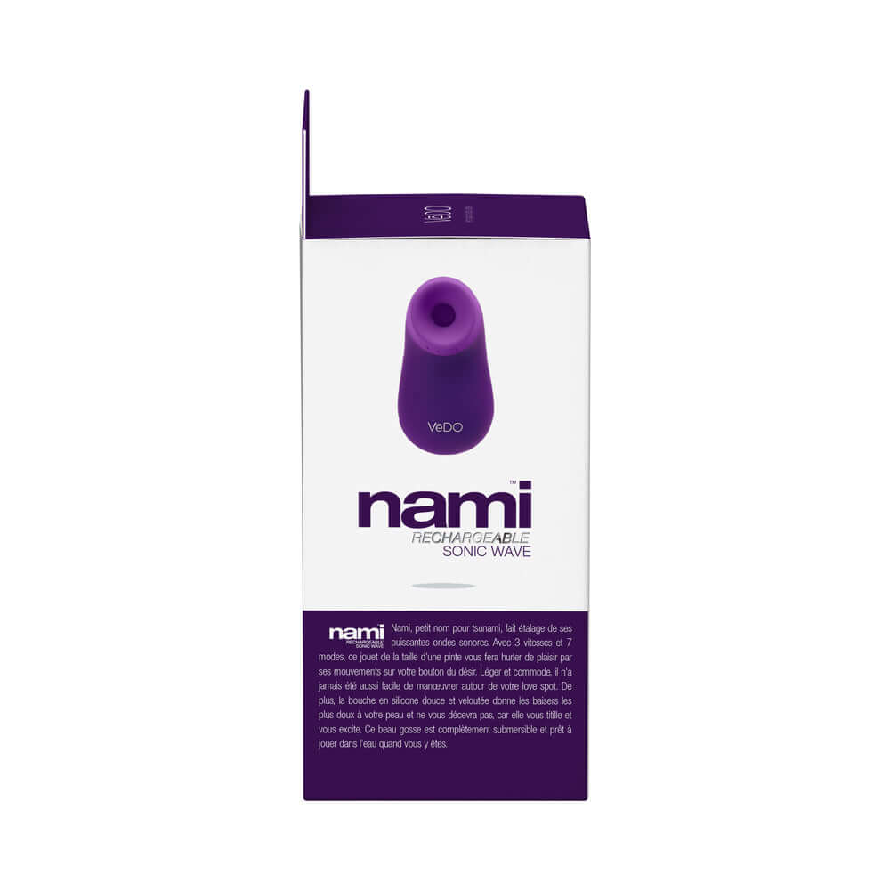 VeDO Nami Rechargeable Sonic Vibe Deep Purple packaging showcasing design and features.