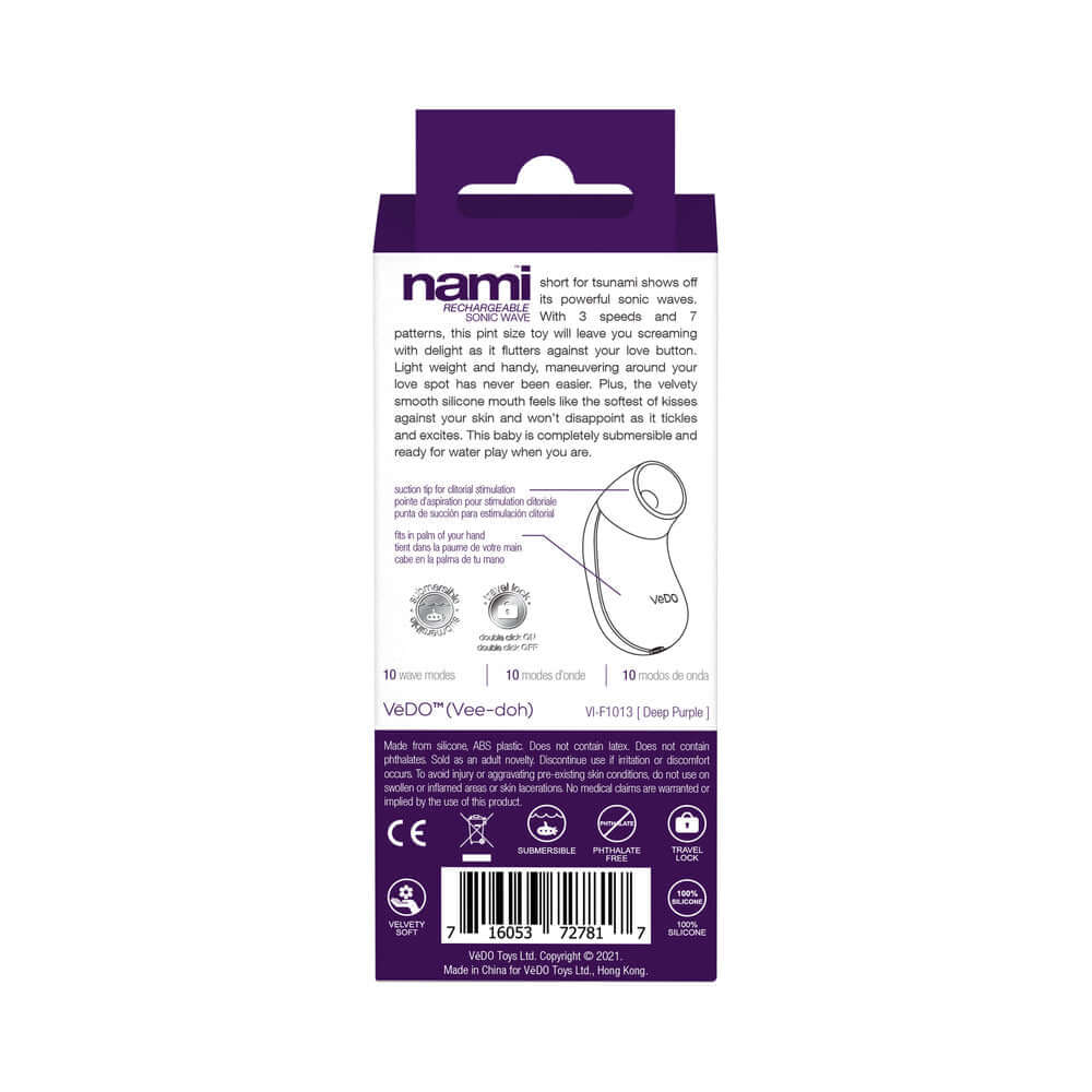 VeDO Nami Rechargeable Sonic Vibe Deep Purple packaging featuring product details and features for clitoral stimulation.