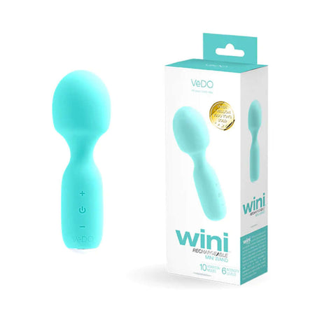 VeDO Wini Rechargeable Mini Wand Tease Me Turquoise with packaging and product design