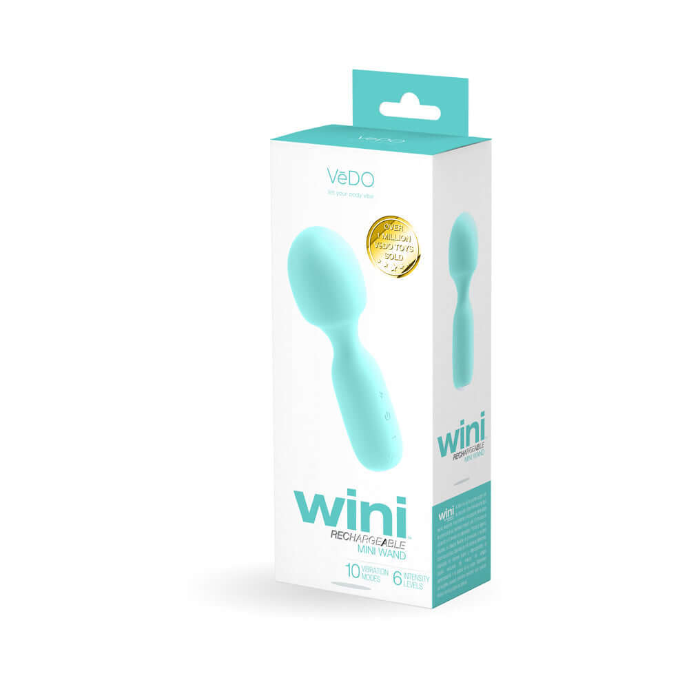 VeDO Wini Rechargeable Mini Wand Tease Me Turquoise in packaging with 10 vibration modes and 6 intensity levels.