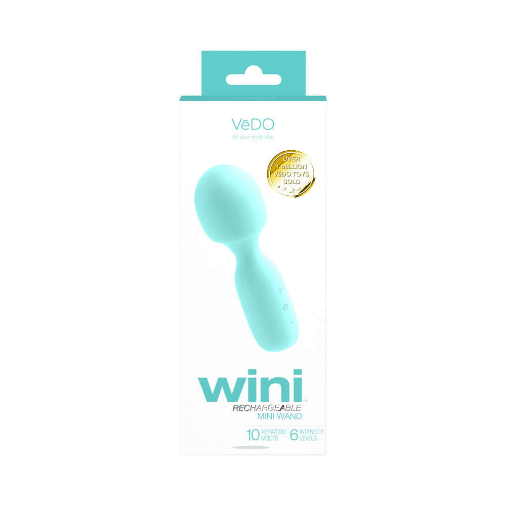 VeDO Wini Rechargeable Mini Wand Tease Me Turquoise with 10 vibration modes and 6 intensity levels.