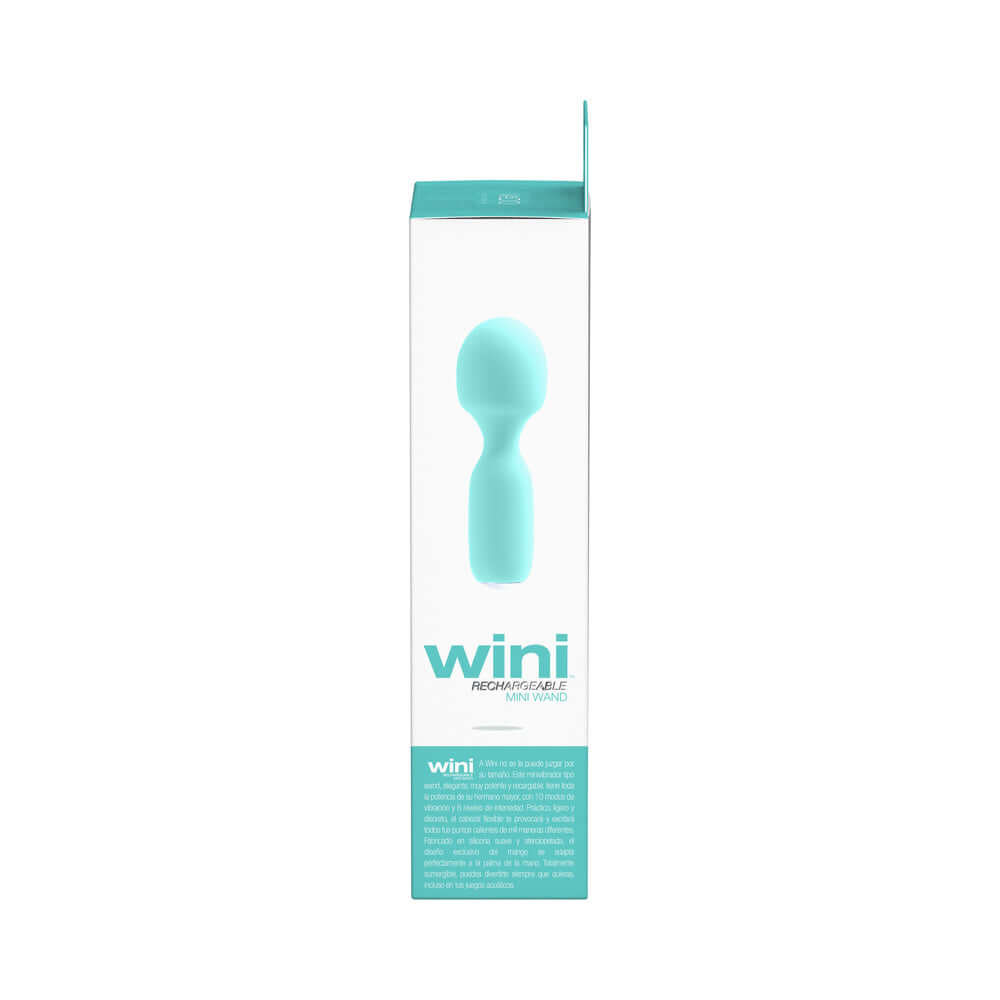 VeDO Wini Rechargeable Mini Wand Tease Me Turquoise packaging side view with light blue design.