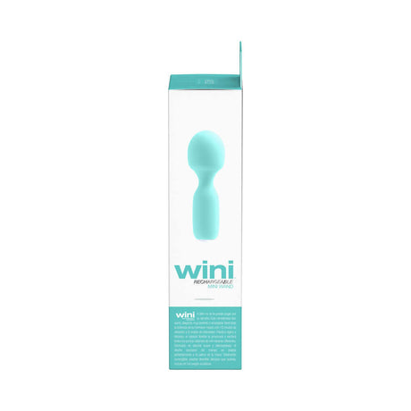 VeDO Wini Rechargeable Mini Wand Tease Me Turquoise packaging side view with light blue design.