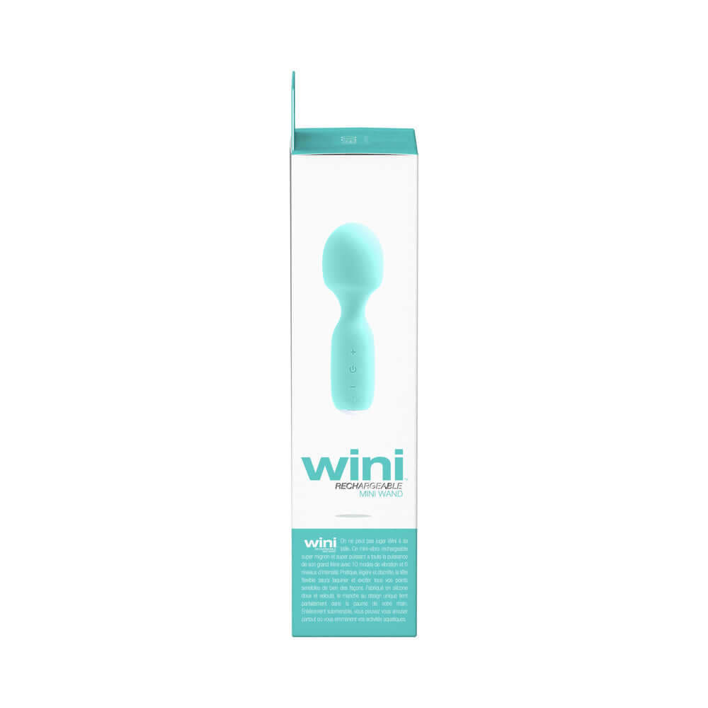 VeDO Wini Rechargeable Mini Wand Tease Me Turquoise packaging showcasing its sleek design and features.