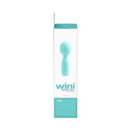 VeDO Wini Rechargeable Mini Wand Tease Me Turquoise packaging showcasing its sleek design and features.