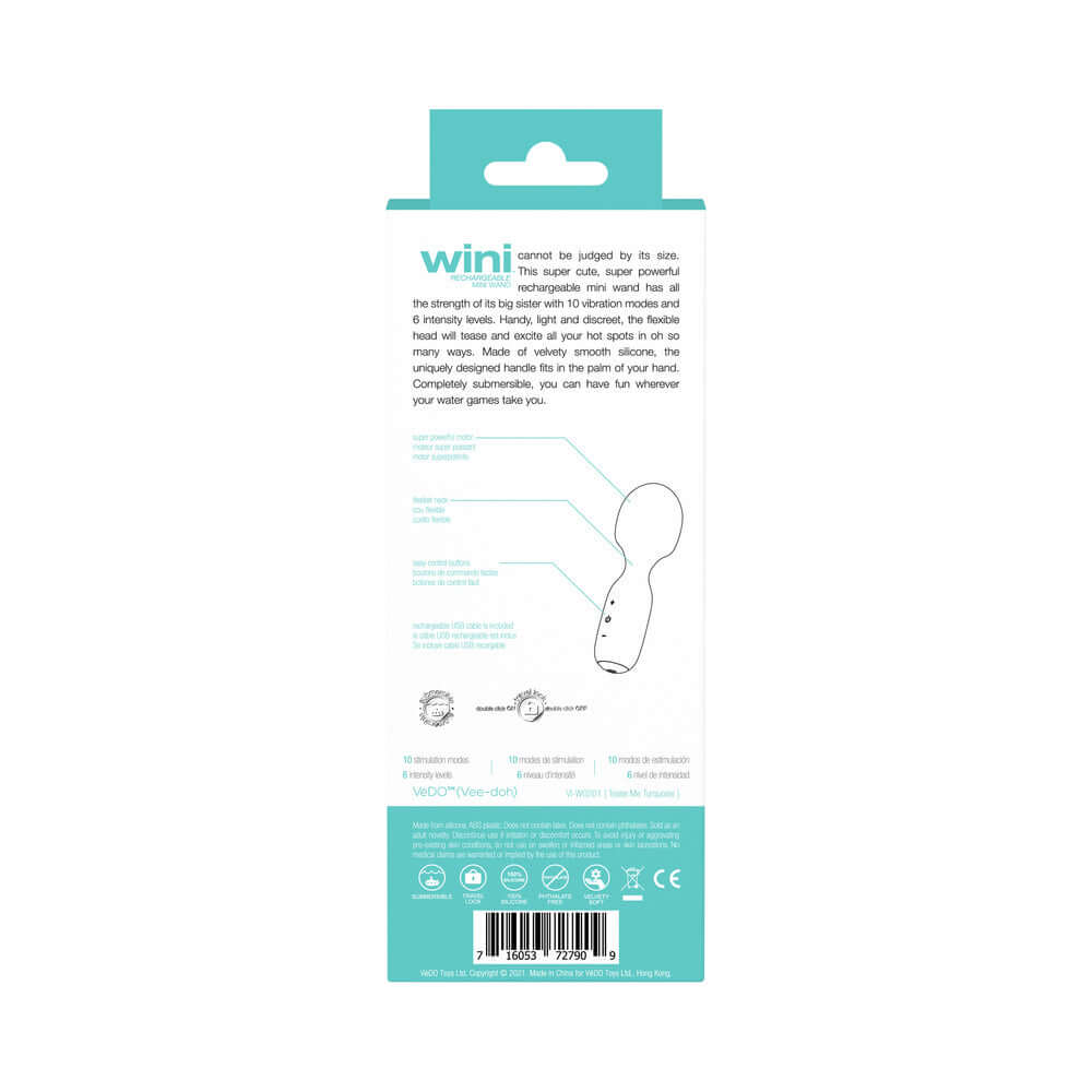 VeDO Wini Rechargeable Mini Wand Tease Me Turquoise packaging back view with features and usage instructions.