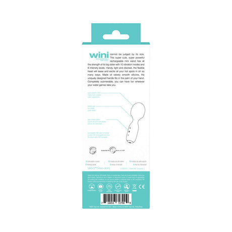 VeDO Wini Rechargeable Mini Wand Tease Me Turquoise packaging back view with features and usage instructions.