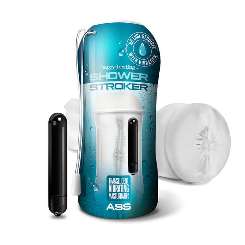 Happy Ending Vibrating Self Lubricating Shower Stroker Ass packaging with vibrating bullet and realistic sleeve.