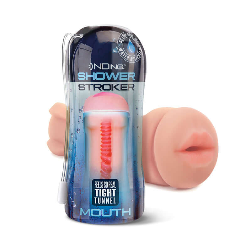 Happy Ending Self-lubricating Shower Stroker Mouth packaging with a realistic look and tight tunnel features.