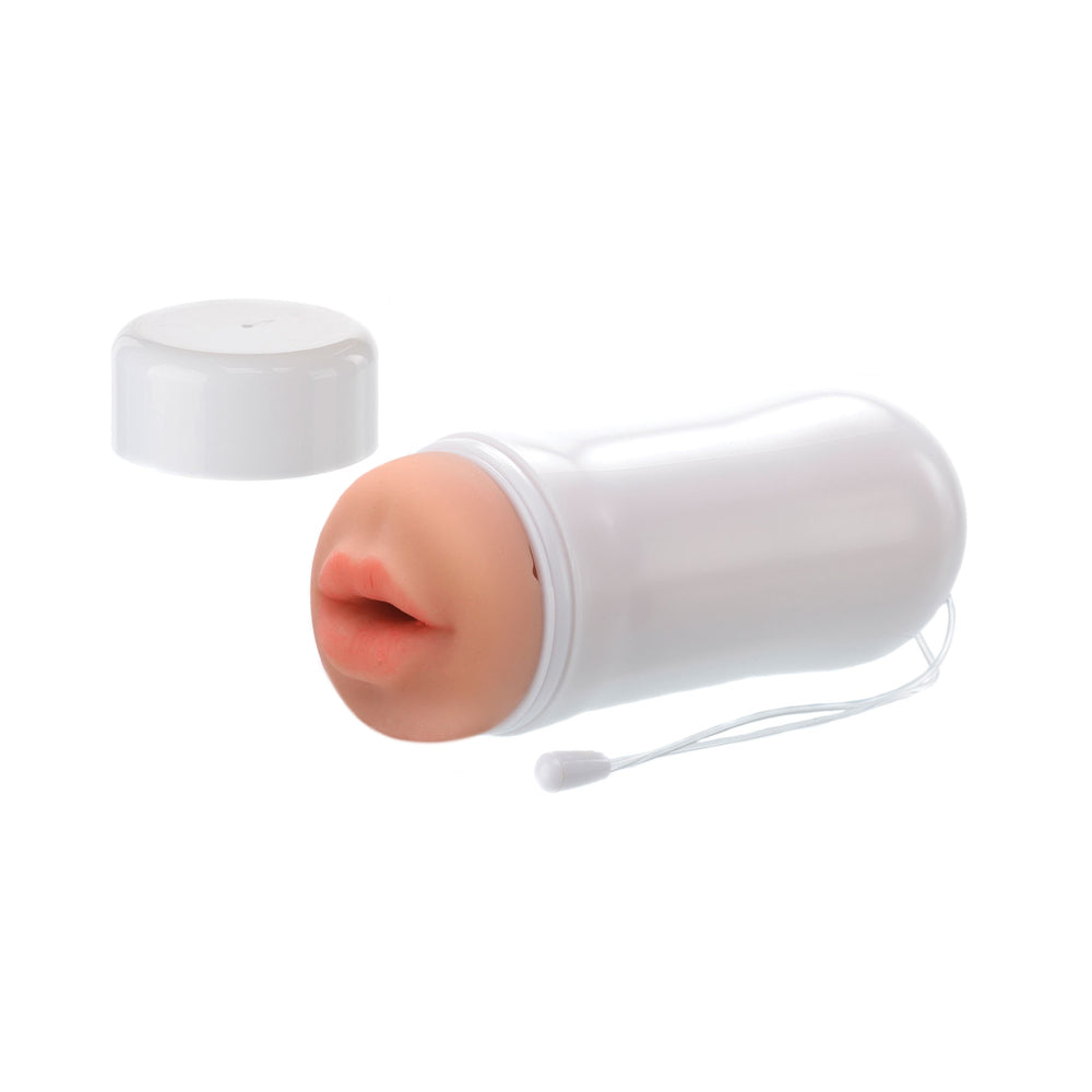 Happy Ending Self-lubricating Shower Stroker Mouth displayed in a sleek design with realistic lips for enhanced sensation.