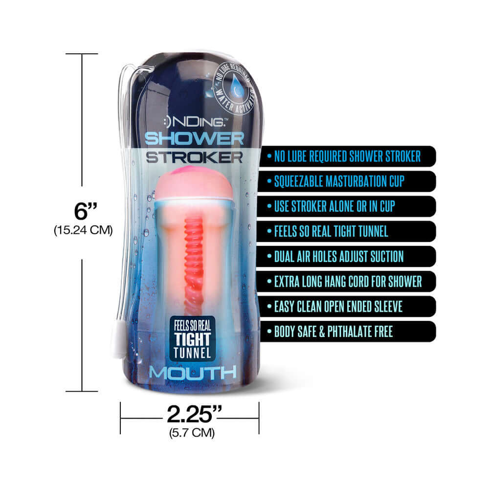 Happy Ending Self-lubricating Shower Stroker Mouth packaging with features and dimensions for wet play convenience.