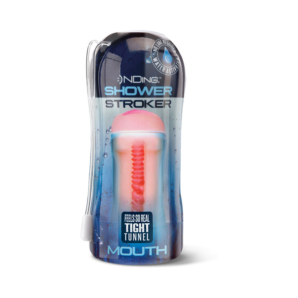Happy Ending Self-lubricating Shower Stroker Mouth in packaging with tight tunnel design for realistic sensation.