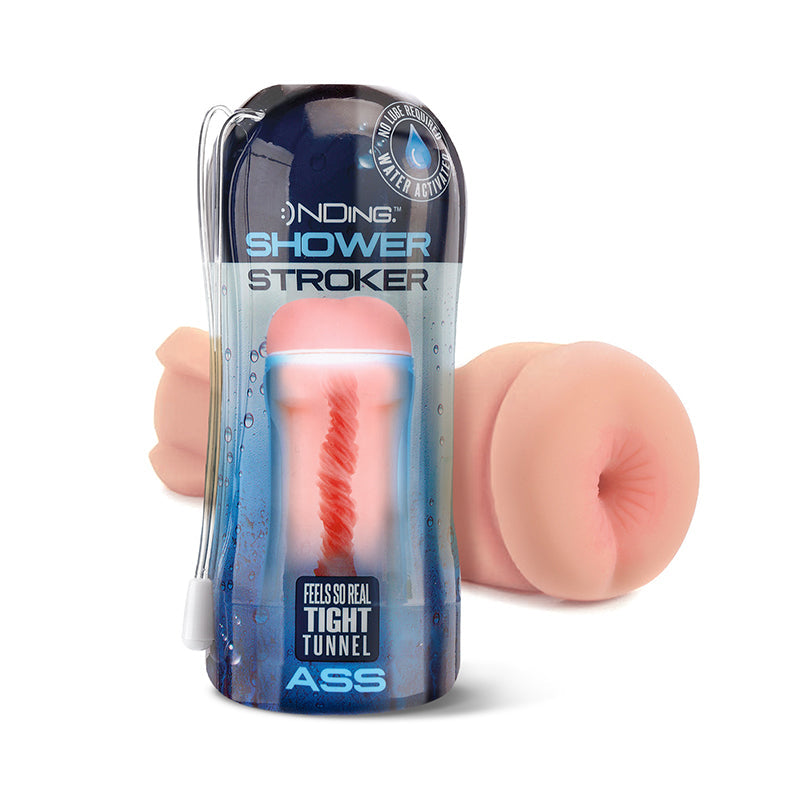 Happy Ending Self Lubricating Shower Stroker Ass in packaging with a realistic design and tight tunnel for ultimate pleasure.