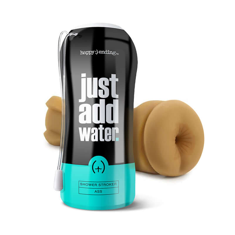Happy Ending Just Add Water Self Lubricating Shower Stroker Ass packaging with realistic design and attached pull cord.