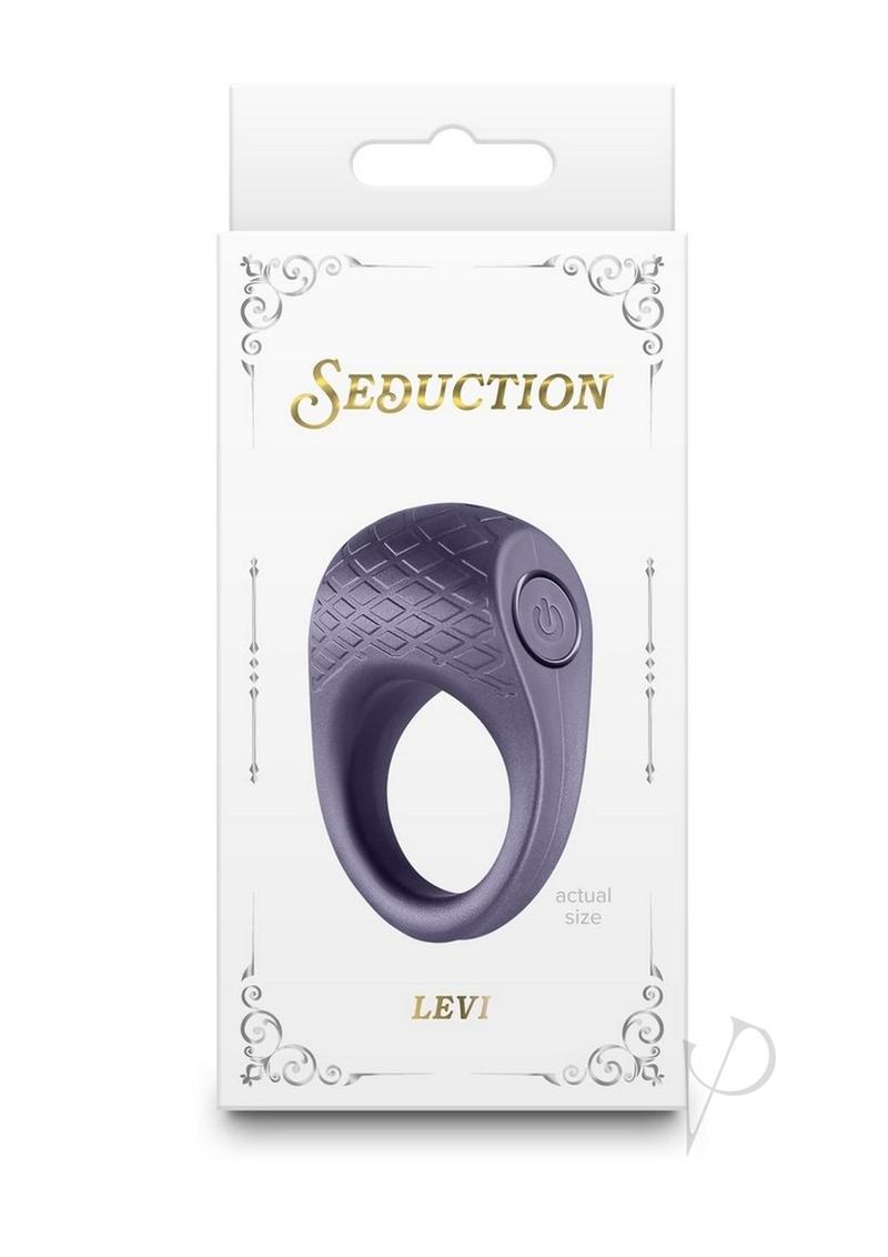 Seduction Levi Rechargeable Silicone Cock Ring Gray in packaging, featuring a sleek design and vibrating function.