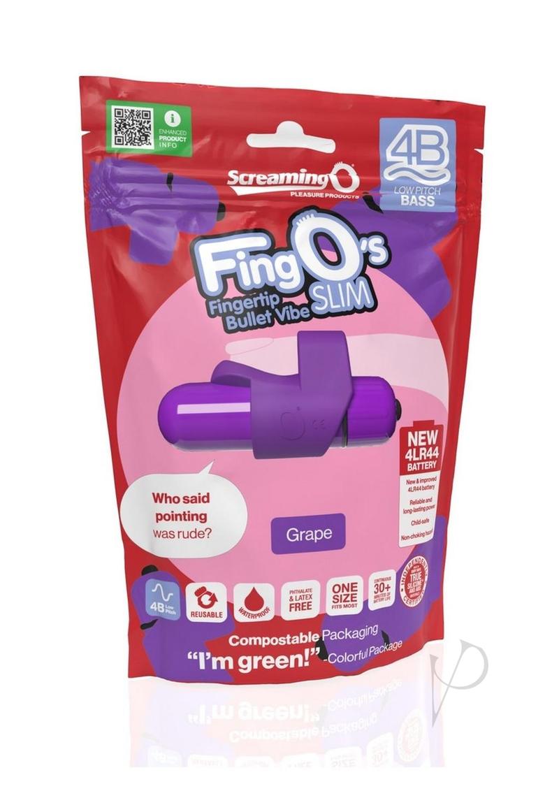 4B FingO Slim Finger Vibrator Grape packaging featuring a sleek finger vibrator design and product details.