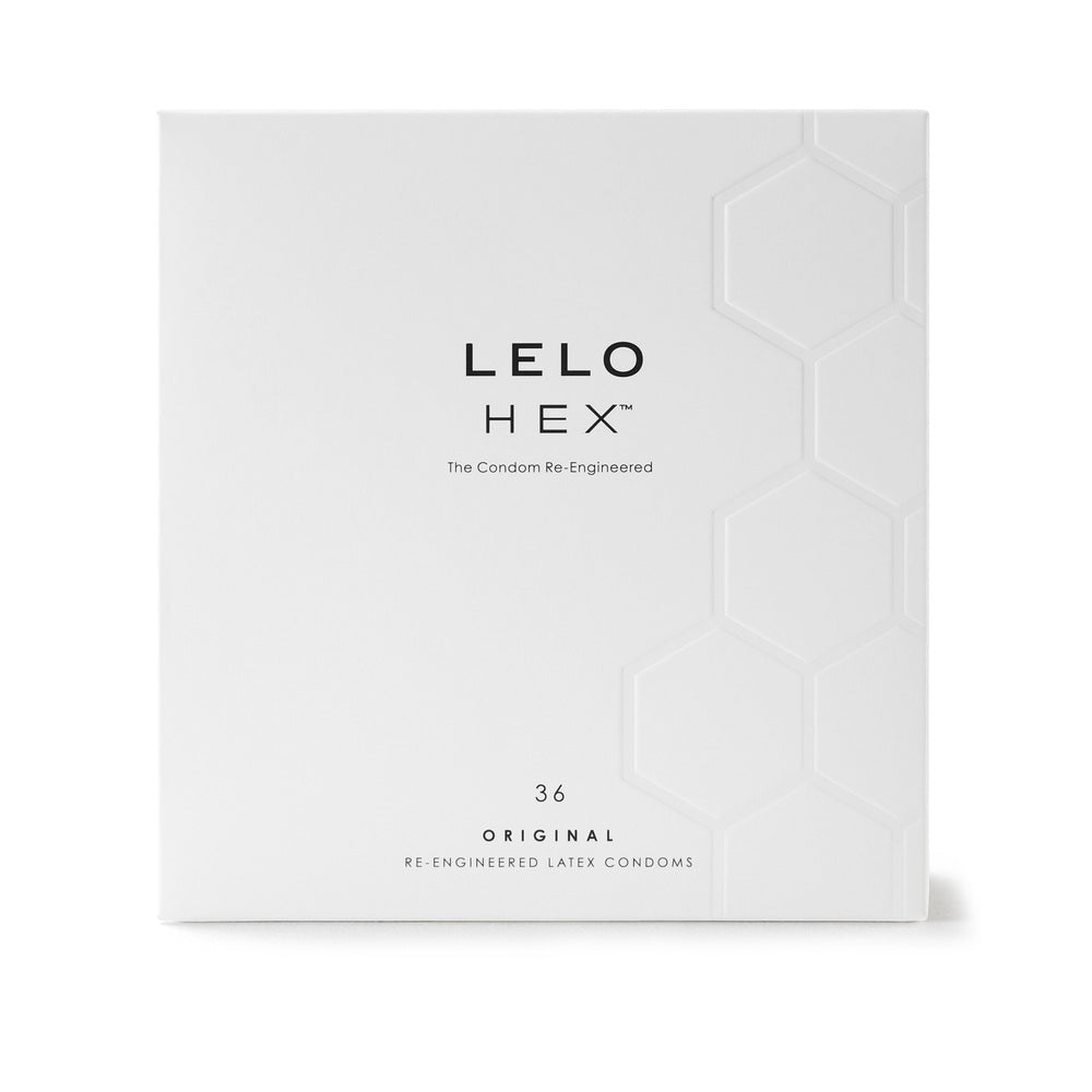 LELO HEX Original Lubricated Latex Condoms 36-Pack packaging featuring hexagonal design.