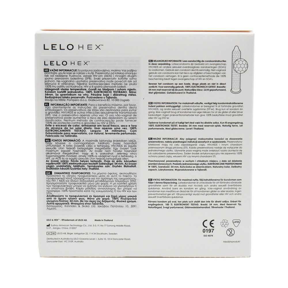 LELO HEX Original Lubricated Latex Condoms 36-Pack packaging information and instructions.