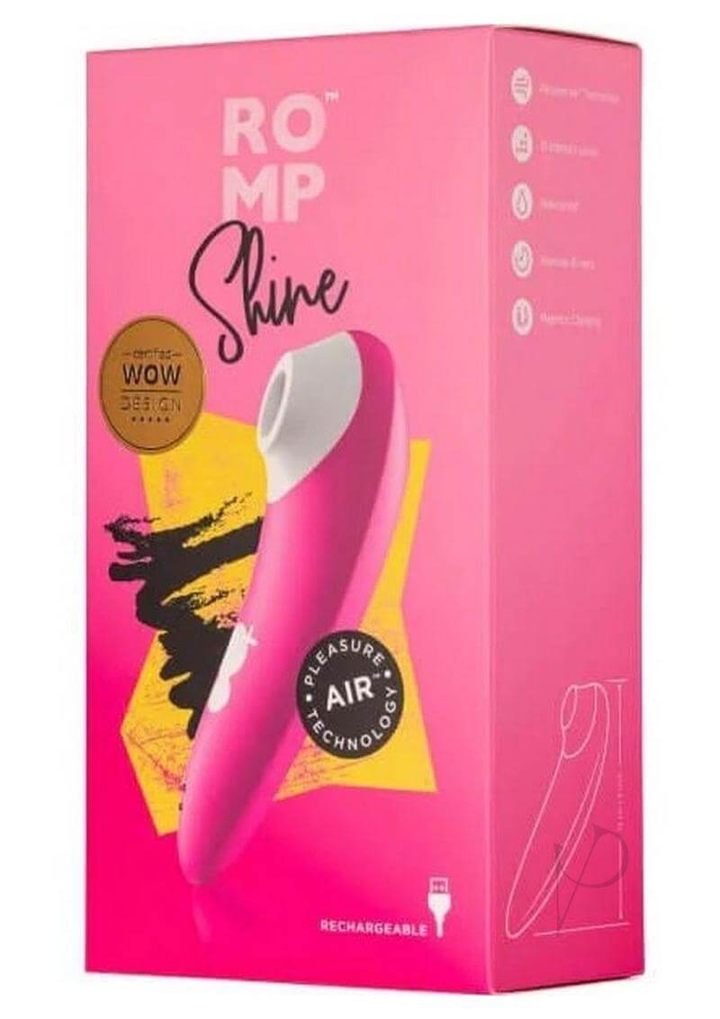 Romp Shine Clitoral Air Stimulator Pink packaging showcasing its design and features in vibrant pink.