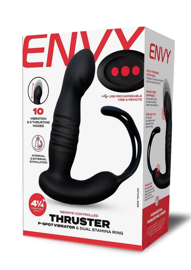 Envy Thruster P-Spot Vibrator & Ring with Remote Control packaging showcasing its features and design.